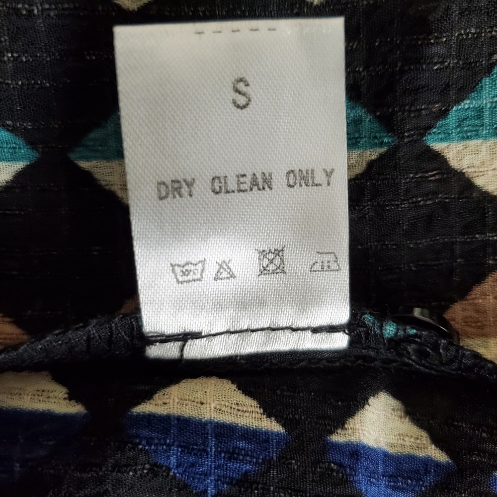 Tulip B Small Geometric Diamond Print Button Down Shirt Black Tan Blue Teal New - Picture 4 of 10